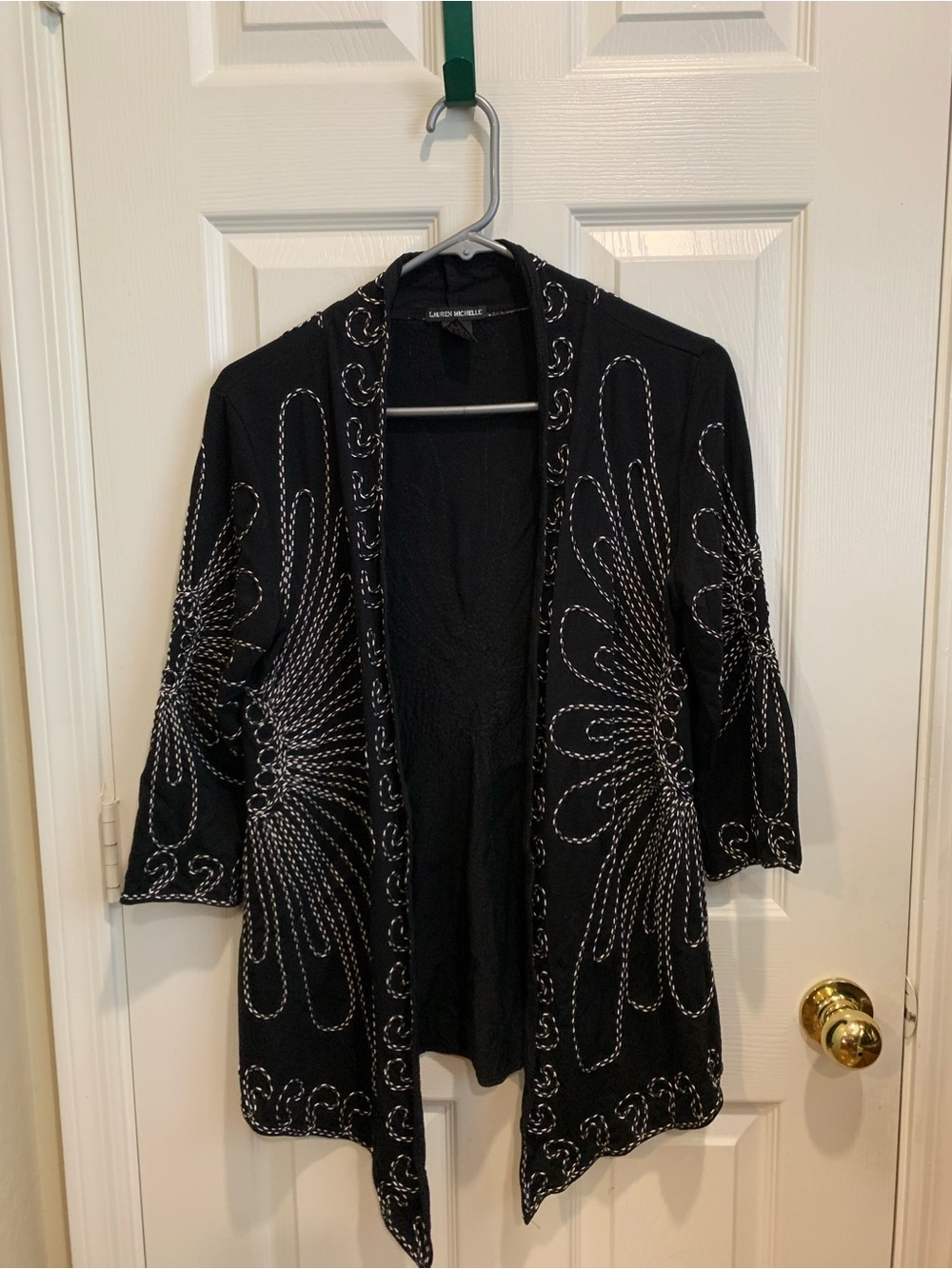 Lauren Michelle Black Open-Front Cardigan with White Embroidery - Picture 2 of 8